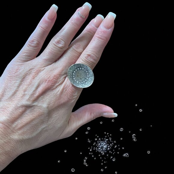 Retired Silpada Textured Oxidized Sterling CZ Disc Ring - Picture 1 of 8